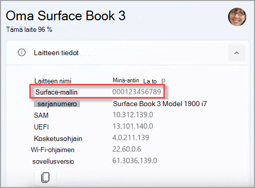 Surface-laitteen sarjanumeron etsiminen Surface-sovelluksesta.