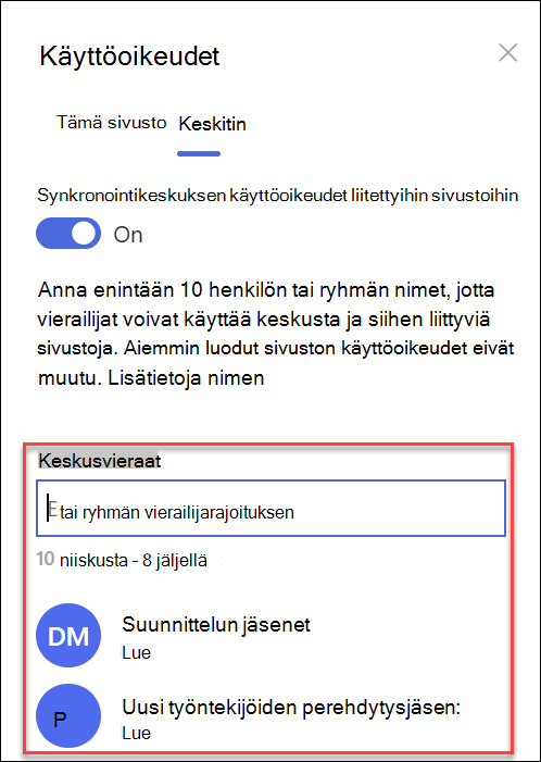 näyttökuvat keskussivuston käyttöoikeusryhmistä