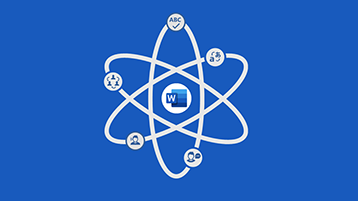 Wordin infografiikan otsikkosivu: atomin symboli, jonka keskellä on Word-logo
