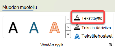Jos haluat muuttaa WordArt-objektin väriä, valitse se ja valitse Muodon muotoilu -välilehdessä Tekstin täyttö.