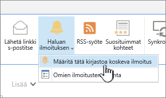 Kirjasto-välilehti, jossa Määritä tätä kirjastoa koskeva ilmoitus on korostettuna