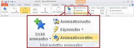 PowerPoint 2010:n valintanauhan Animaatiot-välilehti.