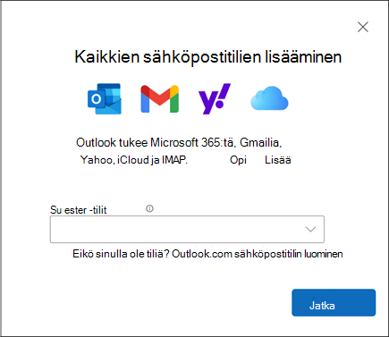 Lisää tili -valintaikkuna uudessa Outlook for Windowsissa