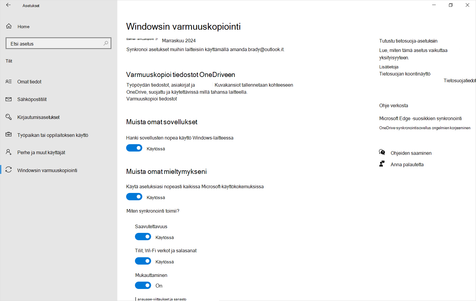 Näyttökuva Windowsin asetusten varmuuskopioinnista Windows 10.