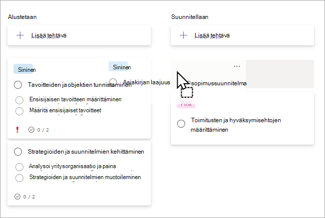 Tehtävän vetäminen säilöjen välillä taulunäkymässä