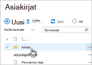 SharePoint 2016:n tiedostokirjasto, jossa näkyy korostettuna kansio