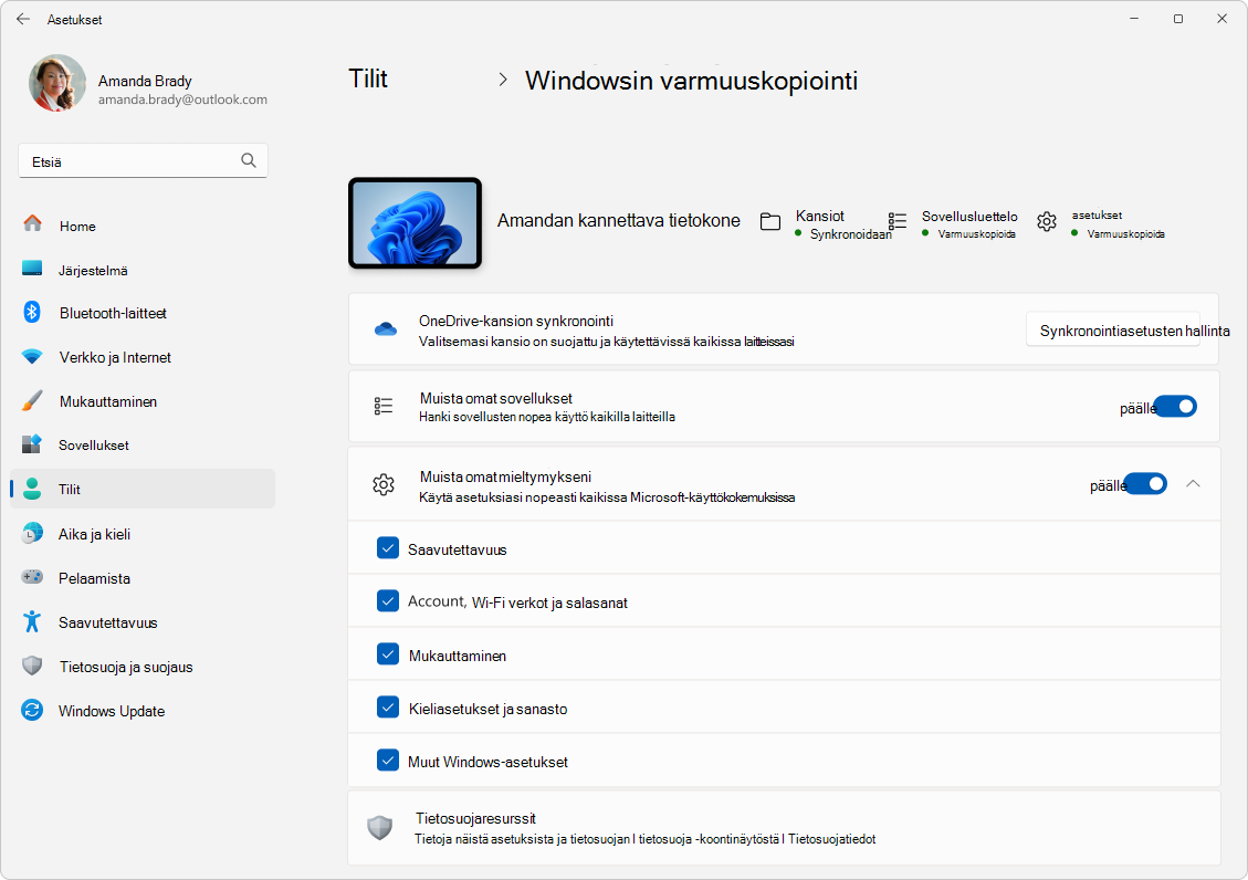 Näyttökuva asetukset > tilit > Windowsin varmuuskopiointi Windows 11.