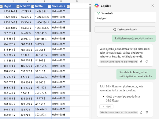 Näyttökuva tietojen suodattamisesta Copilotin avulla Excelissä.