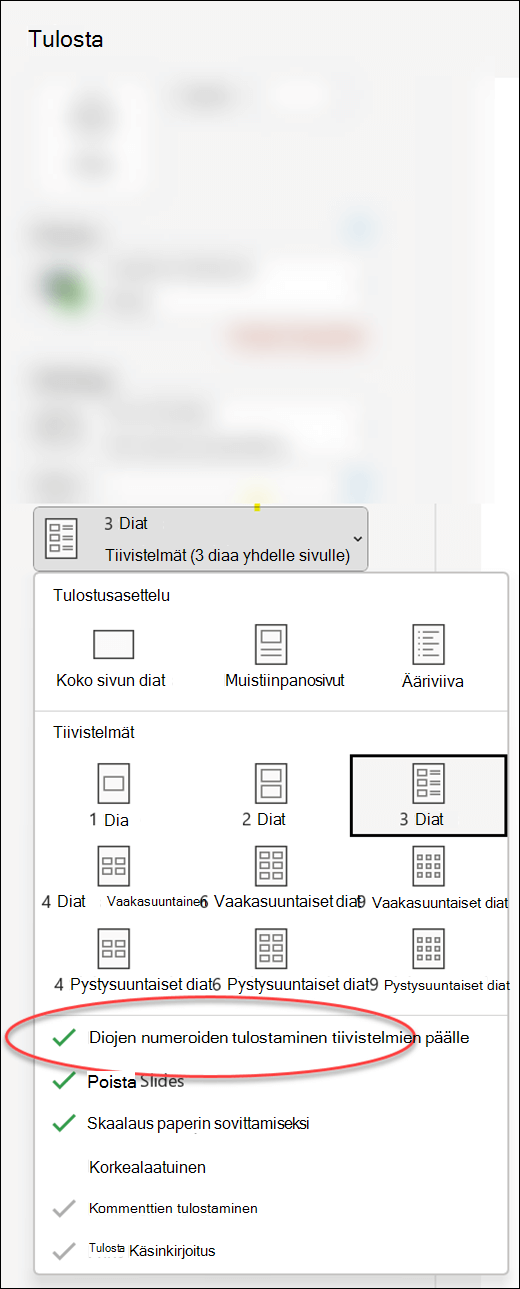 PowerPointin Tulosta-valintaikkuna, jossa näkyy vaihtoehto, jolla dianumerot tulostetaan tiivistelmien päälle.