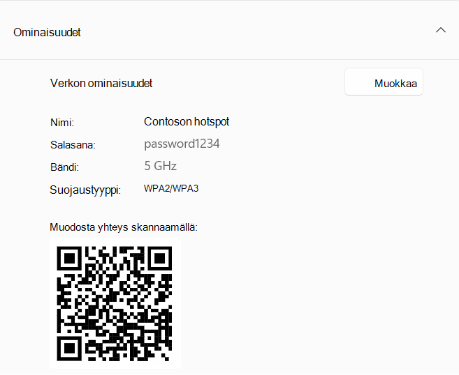Näyttökuva QR-koodista, jota käytetään yhteyden muodostamisessa tukiasemana toimivaan Windows-laitteeseen.