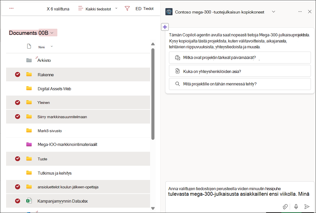 Näyttökuva tiedostojen valitsemisesta tiedostokirjastosta keskustelua varten