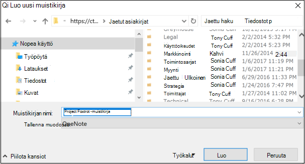 OneNote for Windows 2016:n Luo uusi muistikirja -valintaikkuna