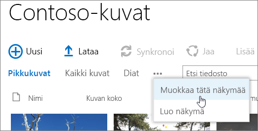 Kuvakirjaston näkymäpalkki, jossa Muokkaa näkymää on valittuna