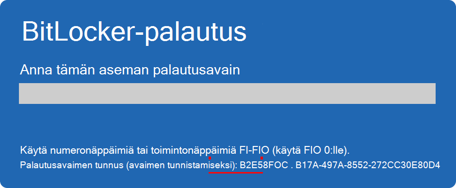 Näyttökuva BitLocker-palautusnäytöstä, jossa näppäintunnus korostetaan.