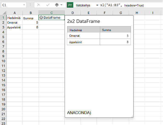 Python Excel DataFrame -esikatselussa, jossa näkyy Python-koodi ja Excel-arvot.