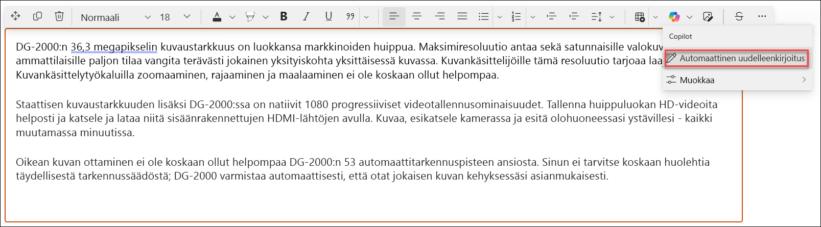 automaattinen uudelleenkirjoitus ennen – näyttökuva esimerkistä