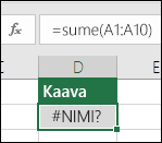 Excel näyttää #NAME? -virhe, kun funktion nimessä on kirjoitusvirhe