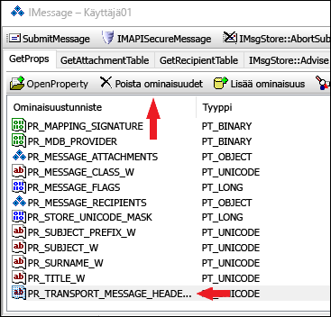 Poista PR_TRANSPORT_MESSAGE_HEADERS-ominaisuus OutlookSpyn avulla.