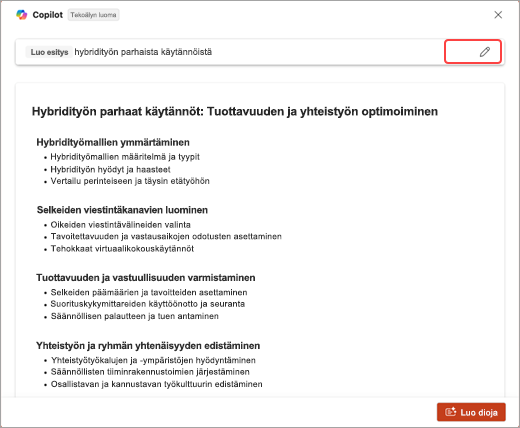 Tämä on näyttökuva PowerPoint Copilotin luomista aiheista.