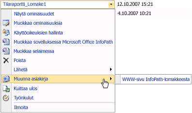 Office SharePoint Server 2007:n Muunna asiakirja -komento