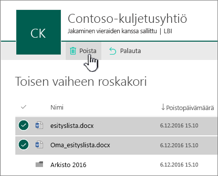 SharePoint Onlinen toisen tason roskakori poistopainike korostettuna