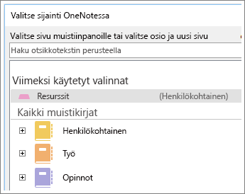 Näyttökuva OneNote-ikkunasta, jossa voit valita sivun Skype-muistiinpanoja varten.