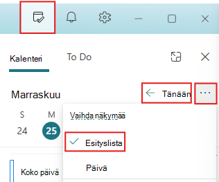 Määritä Päivän tehtävät -ruudun asetukseksi "Tänään" ja "Esityslista"-näkymä