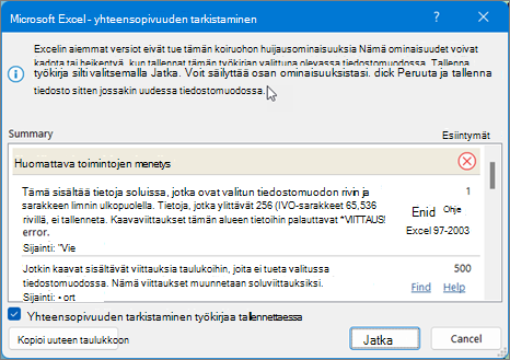 Excel-taulukon yhteensopivuuteen liittyvien ongelmien korjaaminen Etsi-toiminnolla