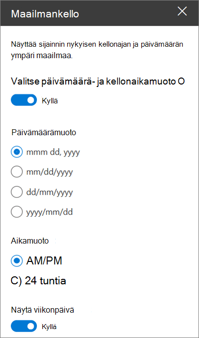 SharePoint-sivustojen World Clock -verkko-osan työkaluryhmä, jossa näytetään päivämäärän ja kellonajan muotoilun mukauttaminen