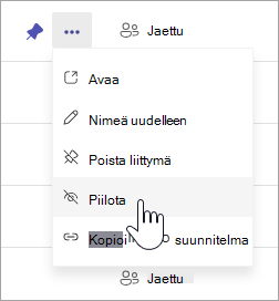 Kohdistin, joka osoittaa Piilota-vaihtoehtoa suunnitelman pikavalikossa omat suunnitelmat -kohdassa Planner