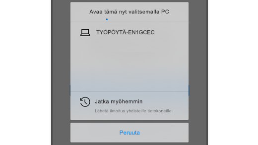 Näyttökuva, jossa näkyy Valitse tietokone -asetus Microsoft Edgen iOS:ssä, jotta käyttäjä voi avata verkkosivun tietokoneessaan.