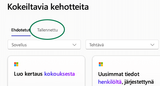 Copilot Lab kehotevalikoima, jossa Tallennetut kehotteet -välilehti on korostettuna.