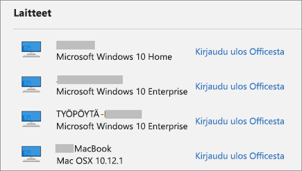 Näyttää Windowsin ja Macin laitteet sekä Kirjautuminen ulos Officesta -linkin tilillä.Microsoft.com