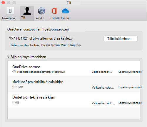 Näyttökuva Macin OneDrive-synkronointisovellus-asiakasohjelman Tili-välilehdestä