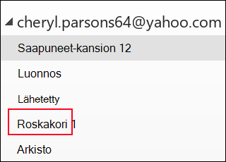 Outlook-kansioluettelo, joka sisältää Roskakori-kansion.