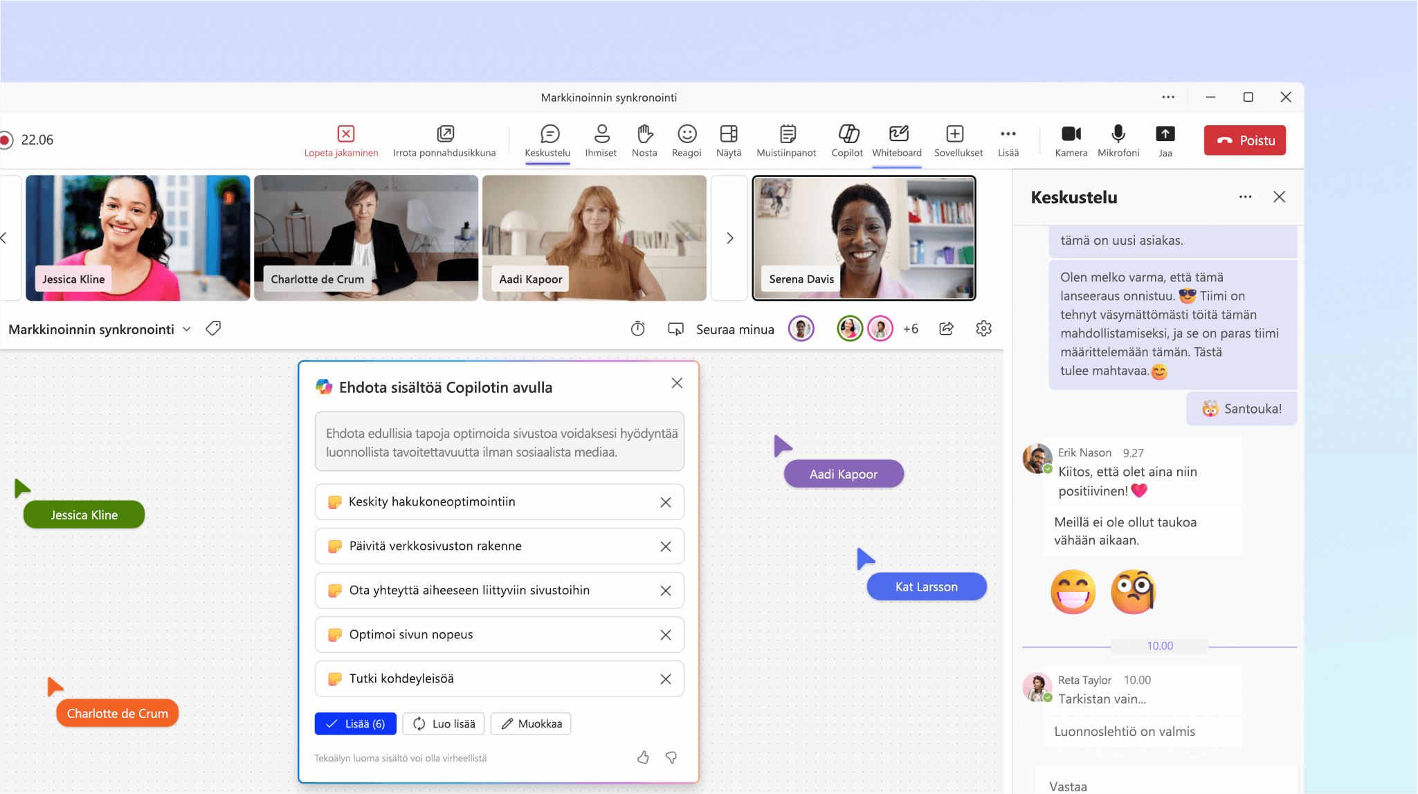 Näyttökuvassa Copilot Whiteboard ehdottaa kokouksen aiheita.