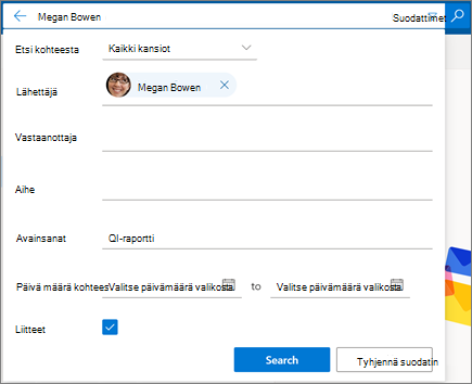Haku suodattimen käyttäminen Outlookin verkko versiossa