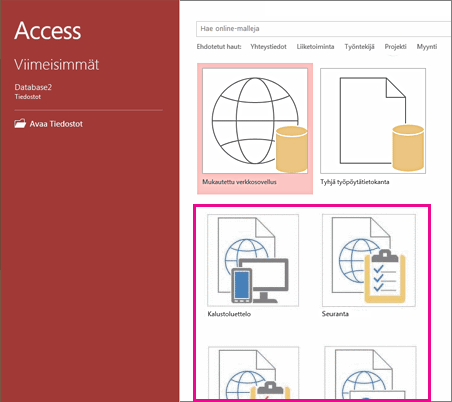Access 2013:n käynnistysnäytössä olevat sovellusmallit.