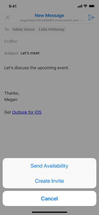 Näyttää iOS-näytön, jossa sähköpostiluonnos näkyy harmaana, ja Lähetä tavoitettavuus -painike sen alapuolella.