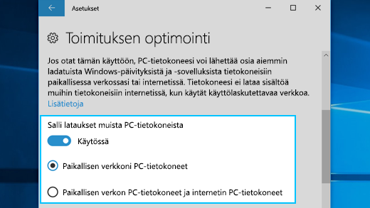 Windows 10:n toimituksen optimoinnin asetukset
