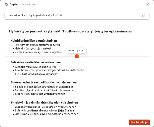 Tämä on näyttökuva Lisää enemmän Copilotilla -toiminnosta PowerPoint Copilotissa.