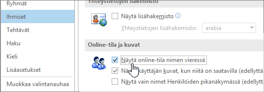 Asetukset-valintaikkunan Ihmiset-välilehti, jossa on korostettu Näytä online-tila