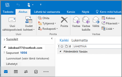 Kuva siitä, miltä Outlook.com-tili näyttää Outlook 2016:ssa.