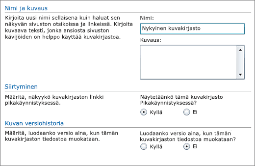 Valintaikkuna, jossa voi lisätä nimen, kaavion, pikakäynnistyspalkin ja versiotiedot.