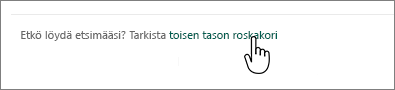 SharePoint Onlinen roskakori toisen tason linkki korostettuna