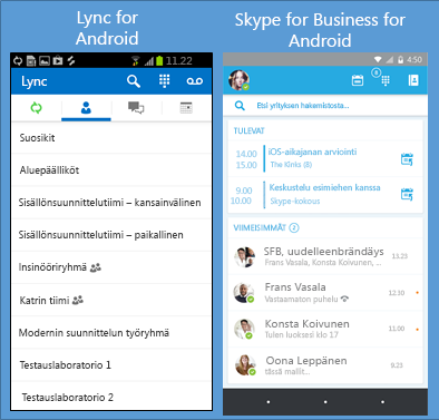 Lyncin ja Skype for Businessin rinnakkaiset näyttökuvat