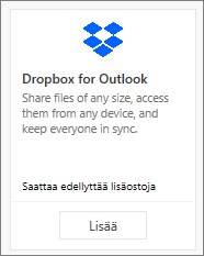 Näyttökuva Outlookin maksuttoman Dropbox-apuohjelman ruudusta.