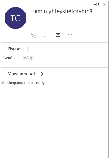 Ryhmän yhteystietokortti viestillä "Jäseniä ei ole lisätty".