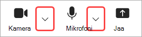 Kuva, jossa näkyy korostettuna kamera- ja mikrofonivalikon nuolet Teamsin kokousasetuksissa.