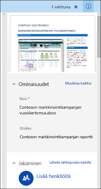 Office 365:n tiedoston metatietopaneeli